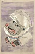 Mixed-media illustration of Bravery the opossum in a silver space helmet, mouth wide open in a terrified scream. Despite her fear, she remains conscious and upright — a nod to the opossum's instinct to play dead — set against a dreamy watercolor background in muted purples and grays, with pink and blue accents on her suit collar.