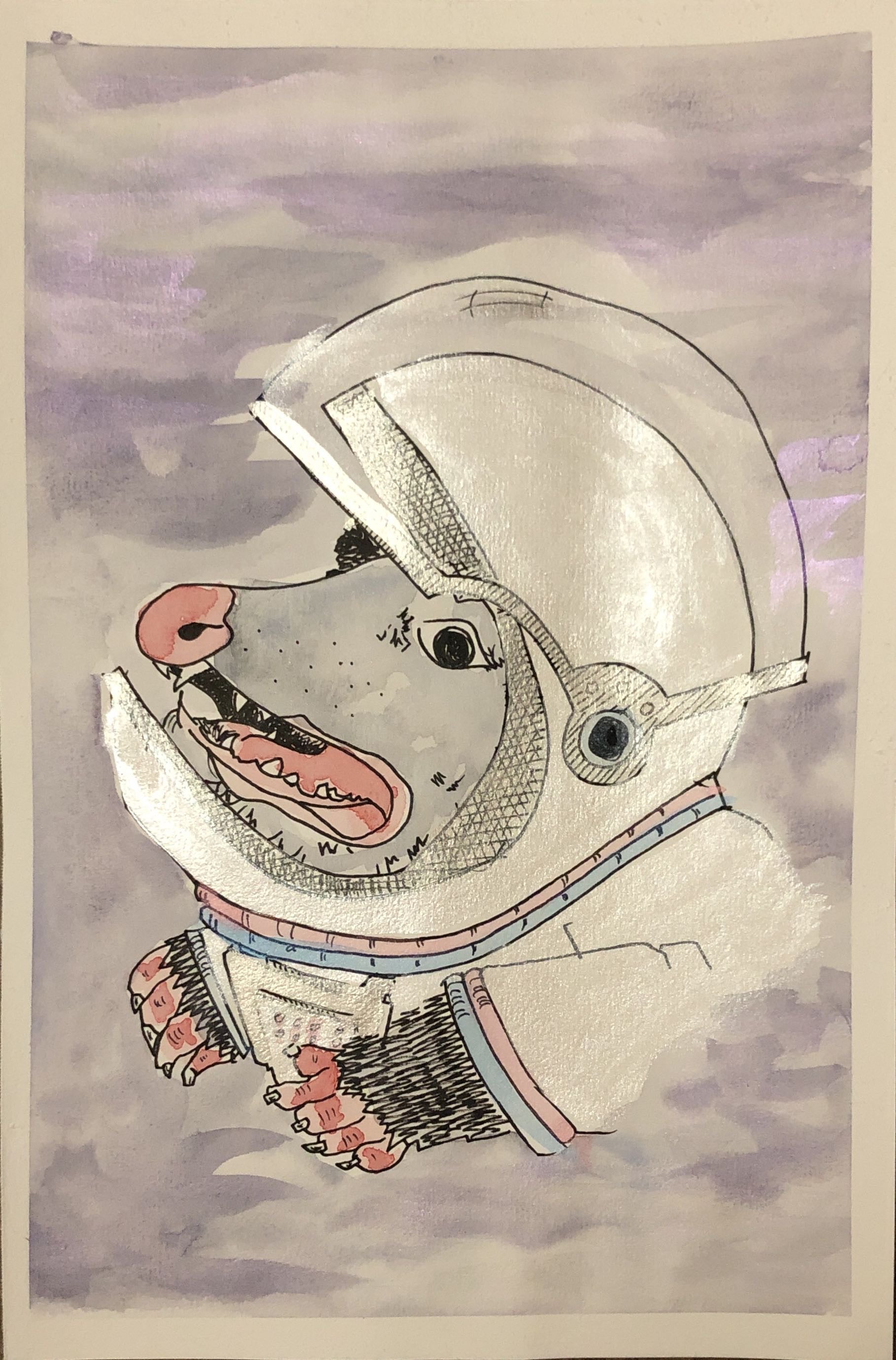 Mixed-media illustration of Bravery the opossum in a silver space helmet, mouth wide open in a terrified scream. Despite her fear, she remains conscious and upright — a nod to the opossum's instinct to play dead — set against a dreamy watercolor background in muted purples and grays, with pink and blue accents on her suit collar.